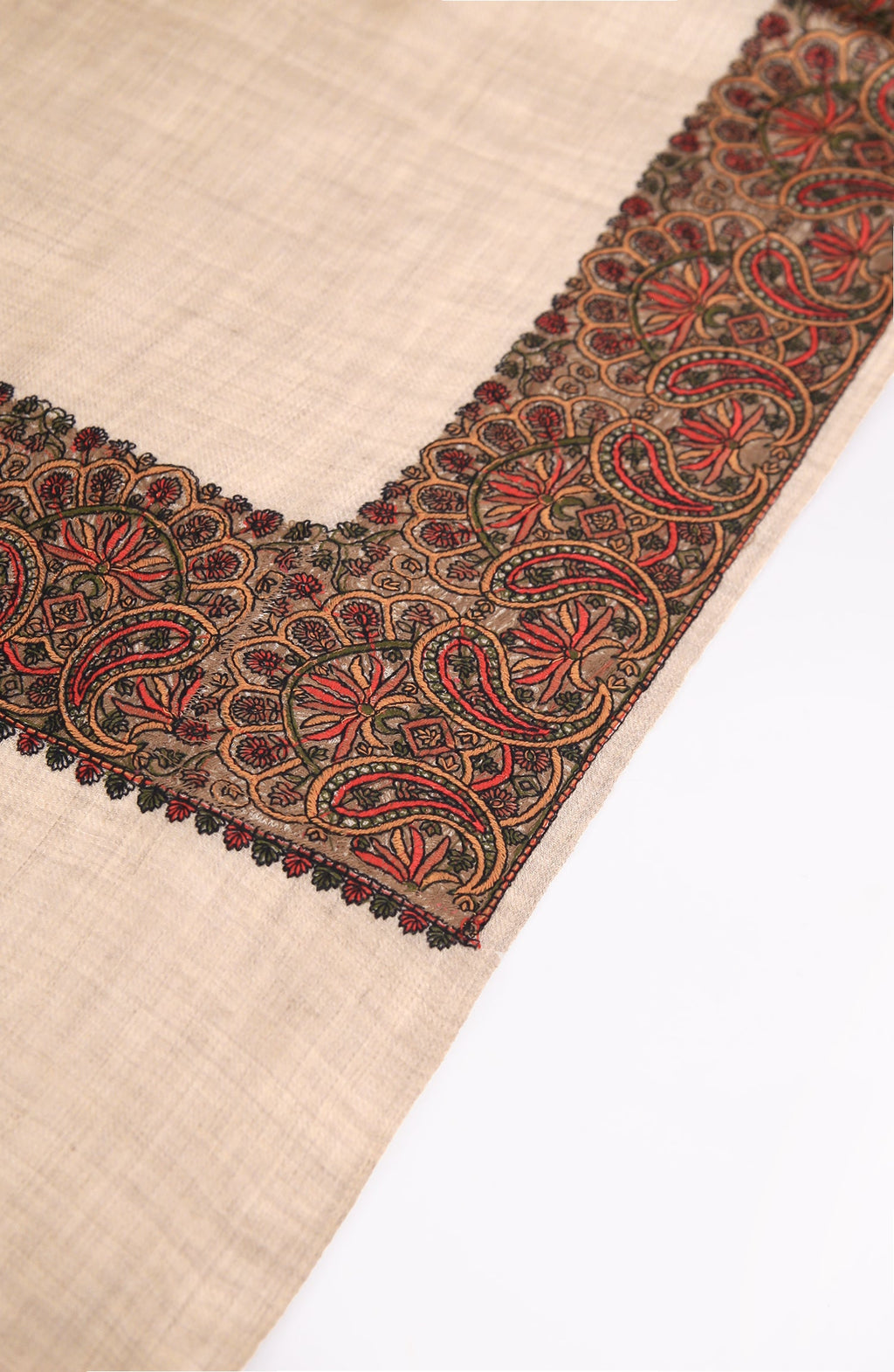 Fine Paper Mashi Work Broad Border Pashmina Shawl
