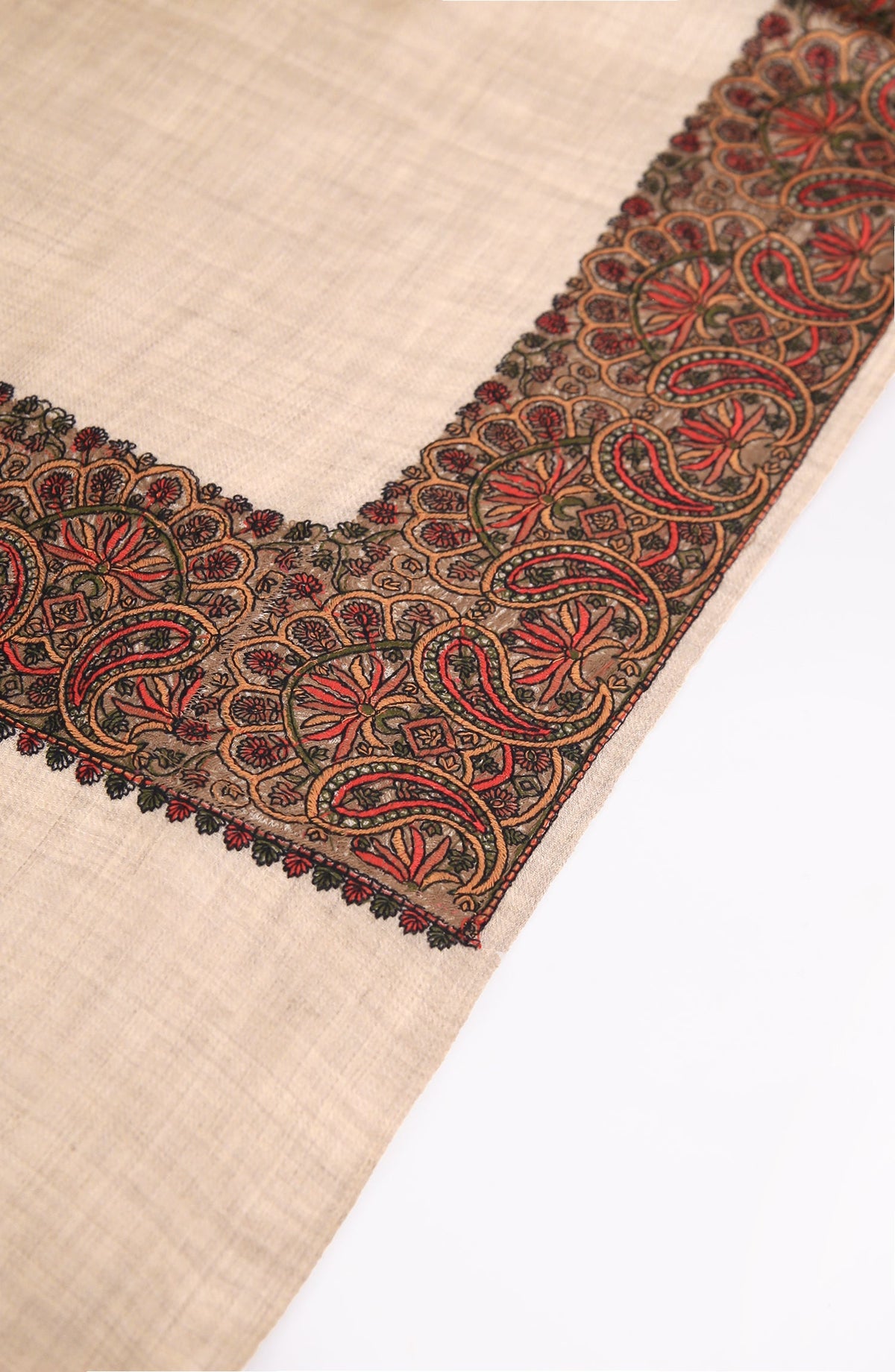 Fine Paper Mashi Work Broad Border Pashmina Shawl