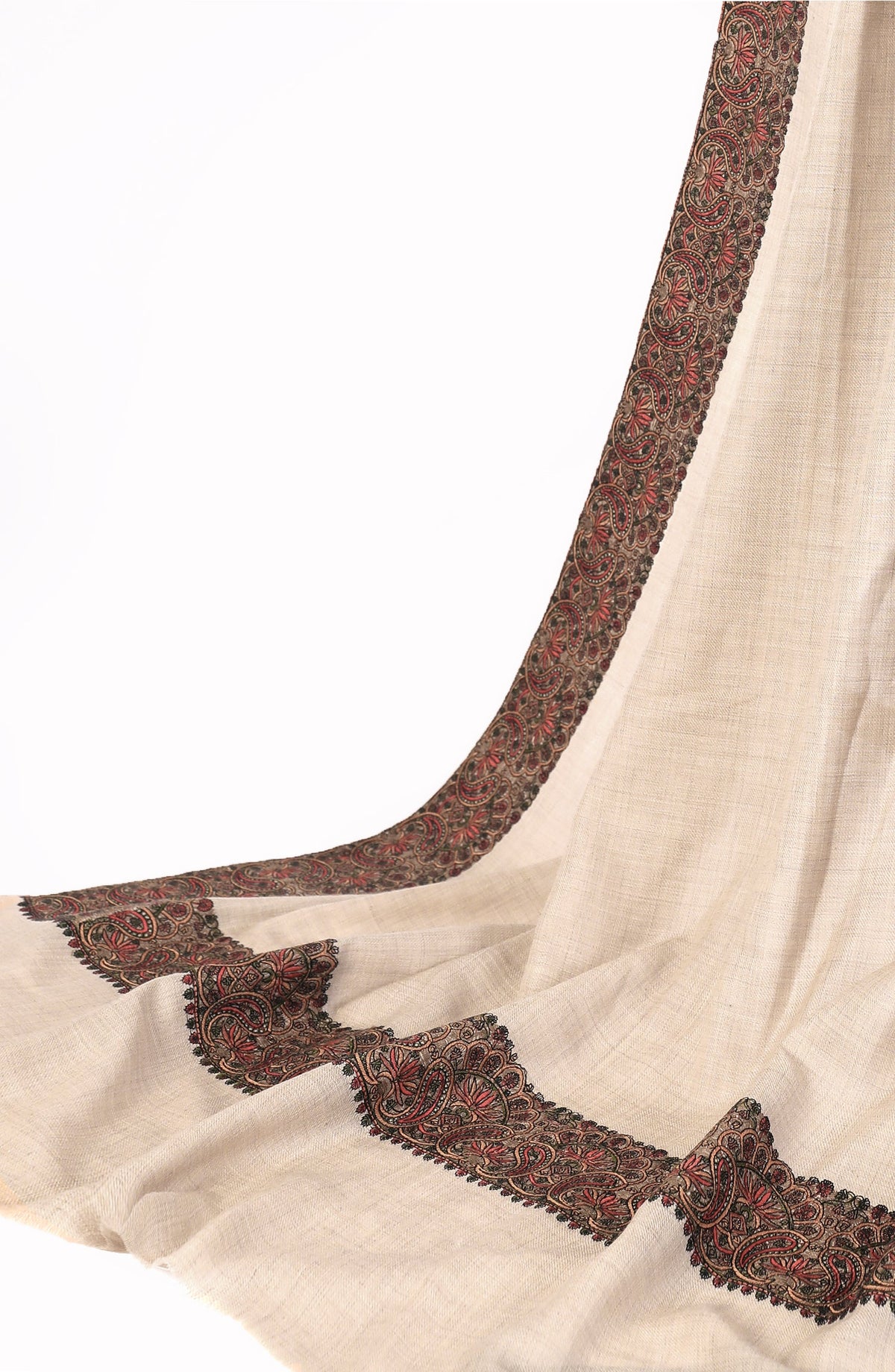 Fine Paper Mashi Work Broad Border Pashmina Shawl