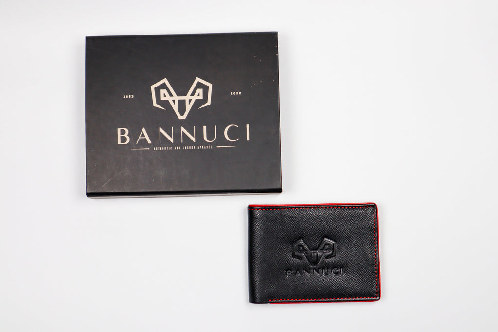 Bifold Leather Wallet with Red Borders
