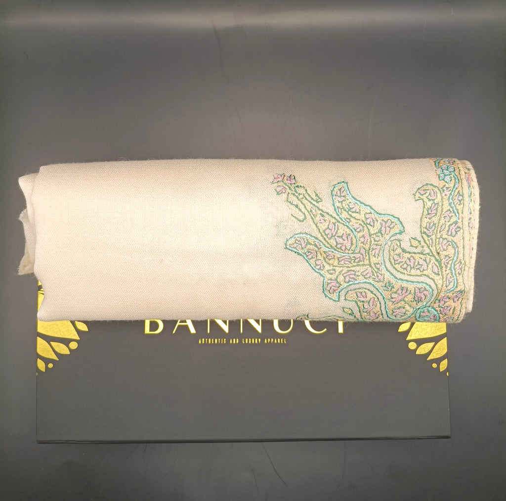 Hand Embroidered Extremely Soft Original Toosh Shawl With Border And 4 Kunj Motifs
