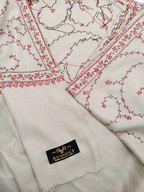 A Premium Quality Beige Full Embroidered Pashmina Cashmere Shawl