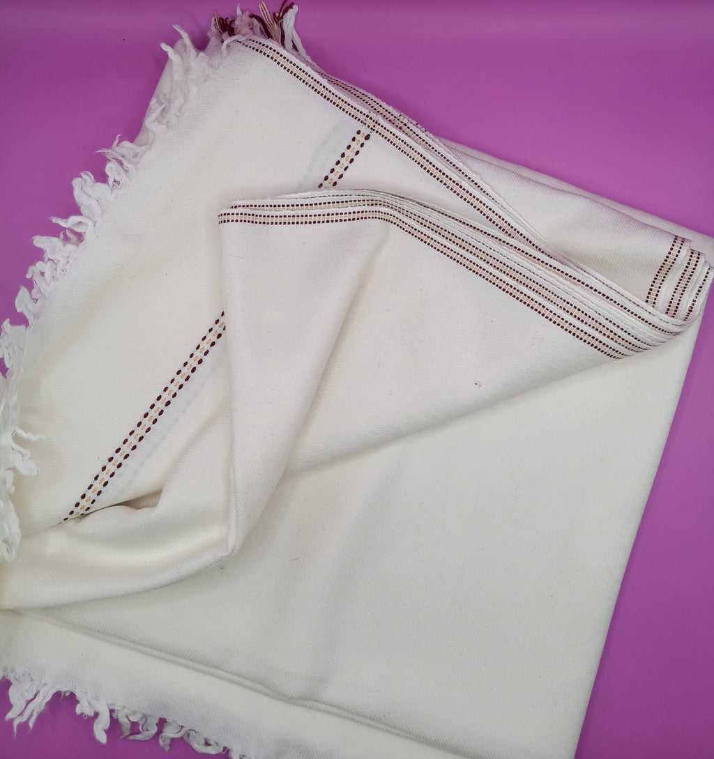 Premium Quality Dotted Striped Double Fiber White Woolen Shawl