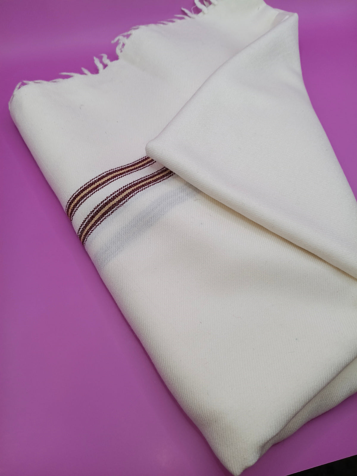 Premium Quality  Dual Colored Striped Double Fiber White Woolen Shawl