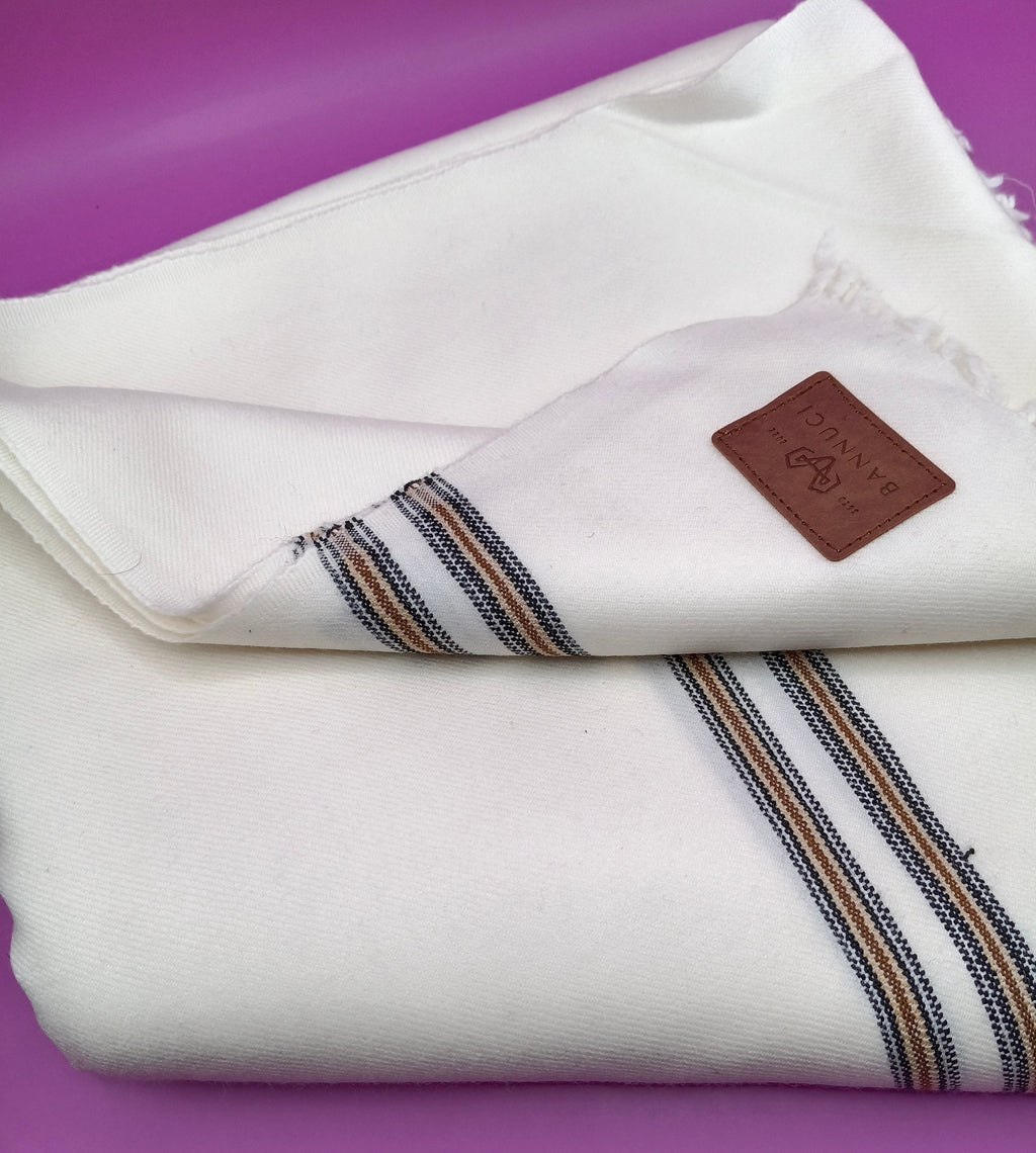 Premium Quality Dual Striped Double Fiber White Woolen Shawl