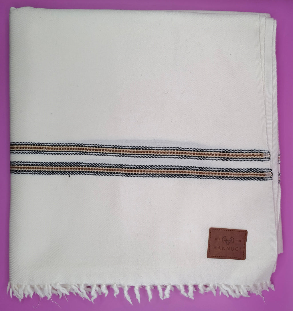 Premium Quality Dual Striped Double Fiber White Woolen Shawl