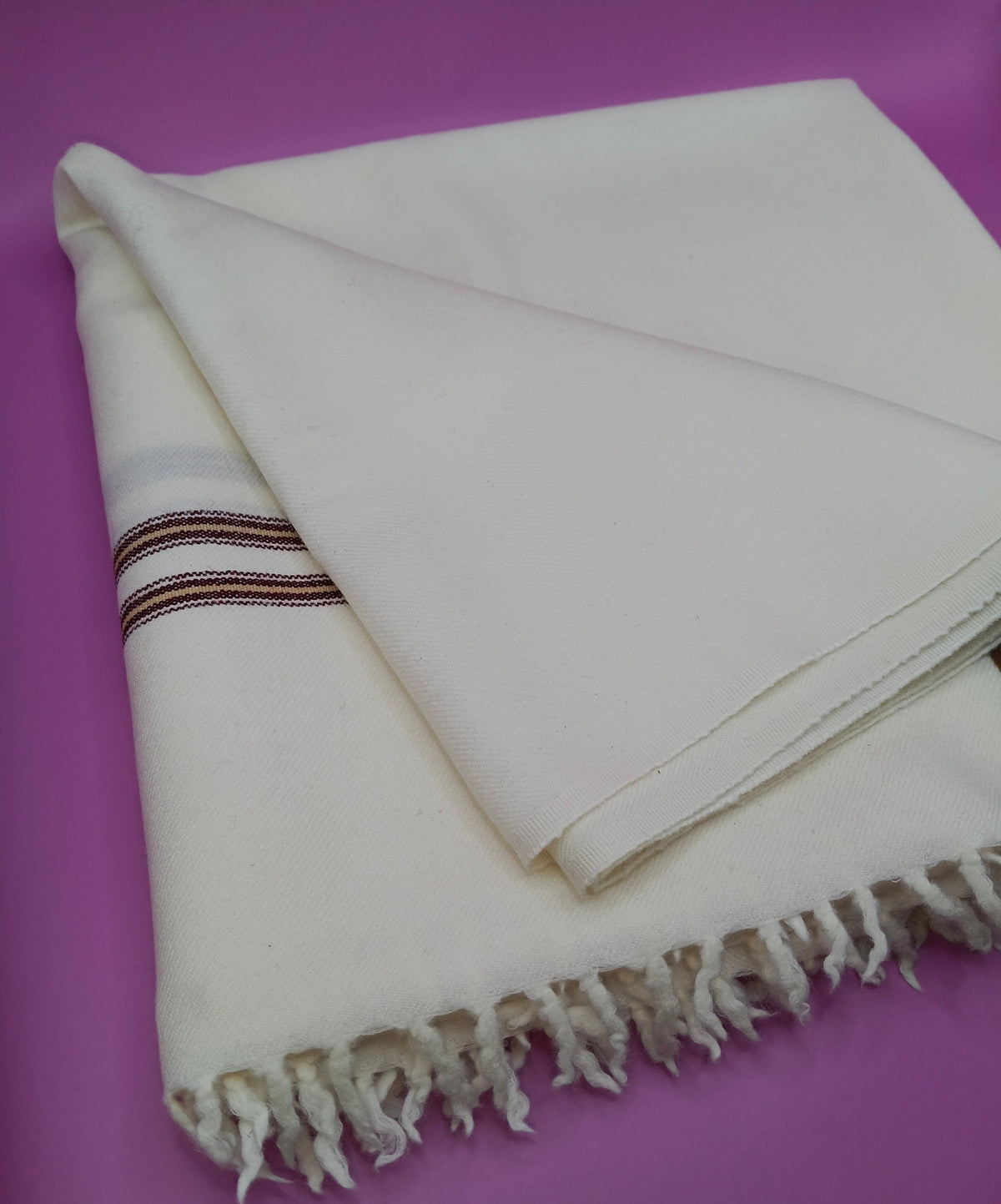 Premium Quality  Dual Colored Striped Double Fiber White Woolen Shawl