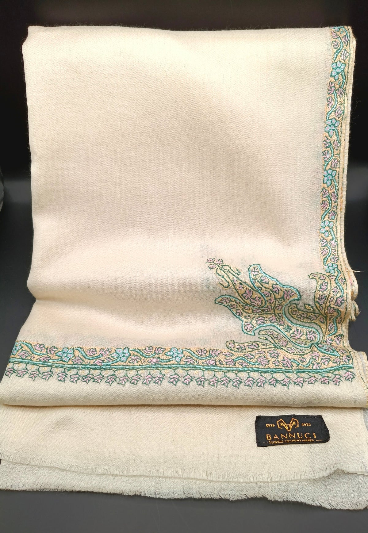 Hand Embroidered Extremely Soft Original Toosh Shawl With Border And 4 Kunj Motifs