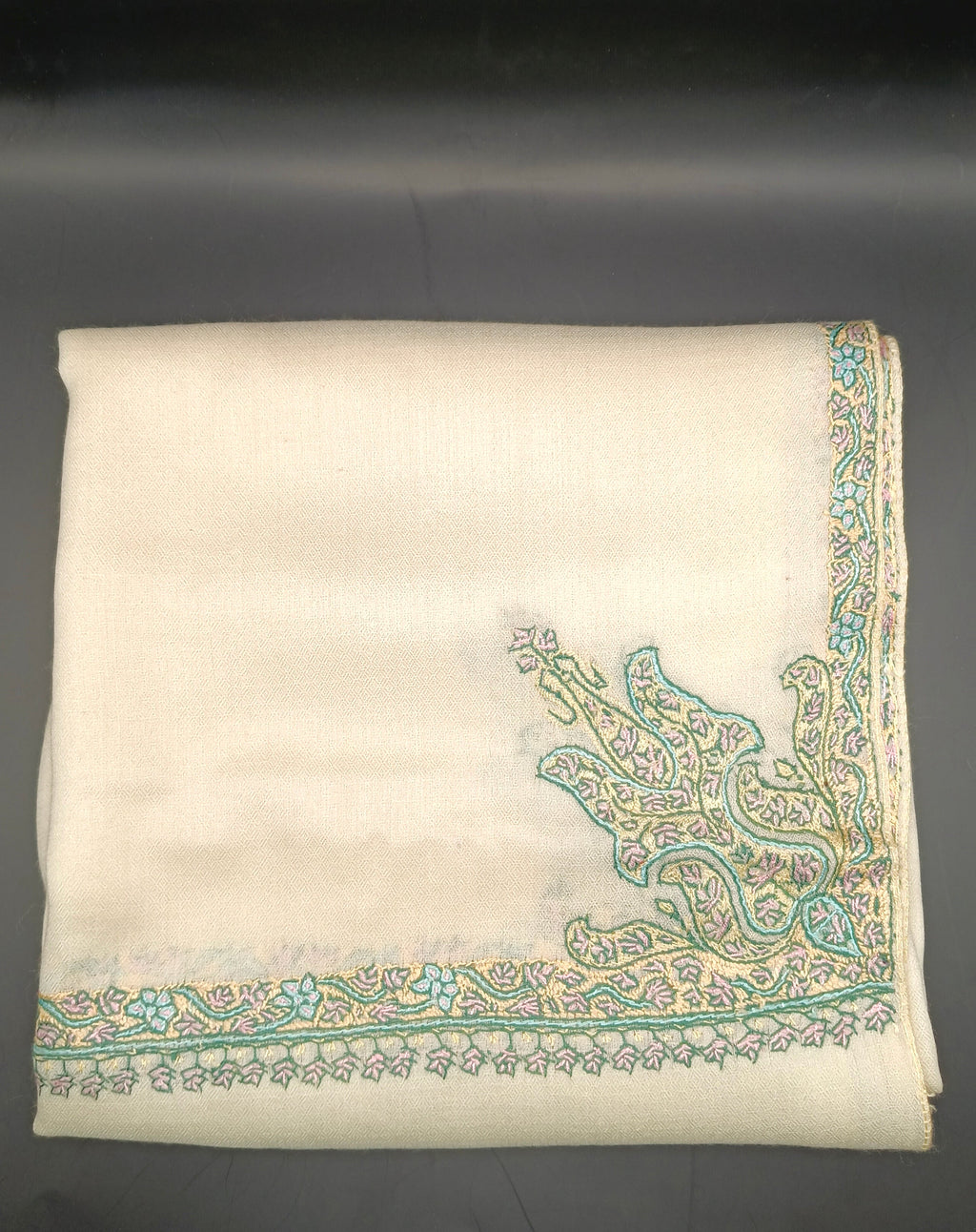 Hand Embroidered Extremely Soft Original Toosh Shawl With Border And 4 Kunj Motifs