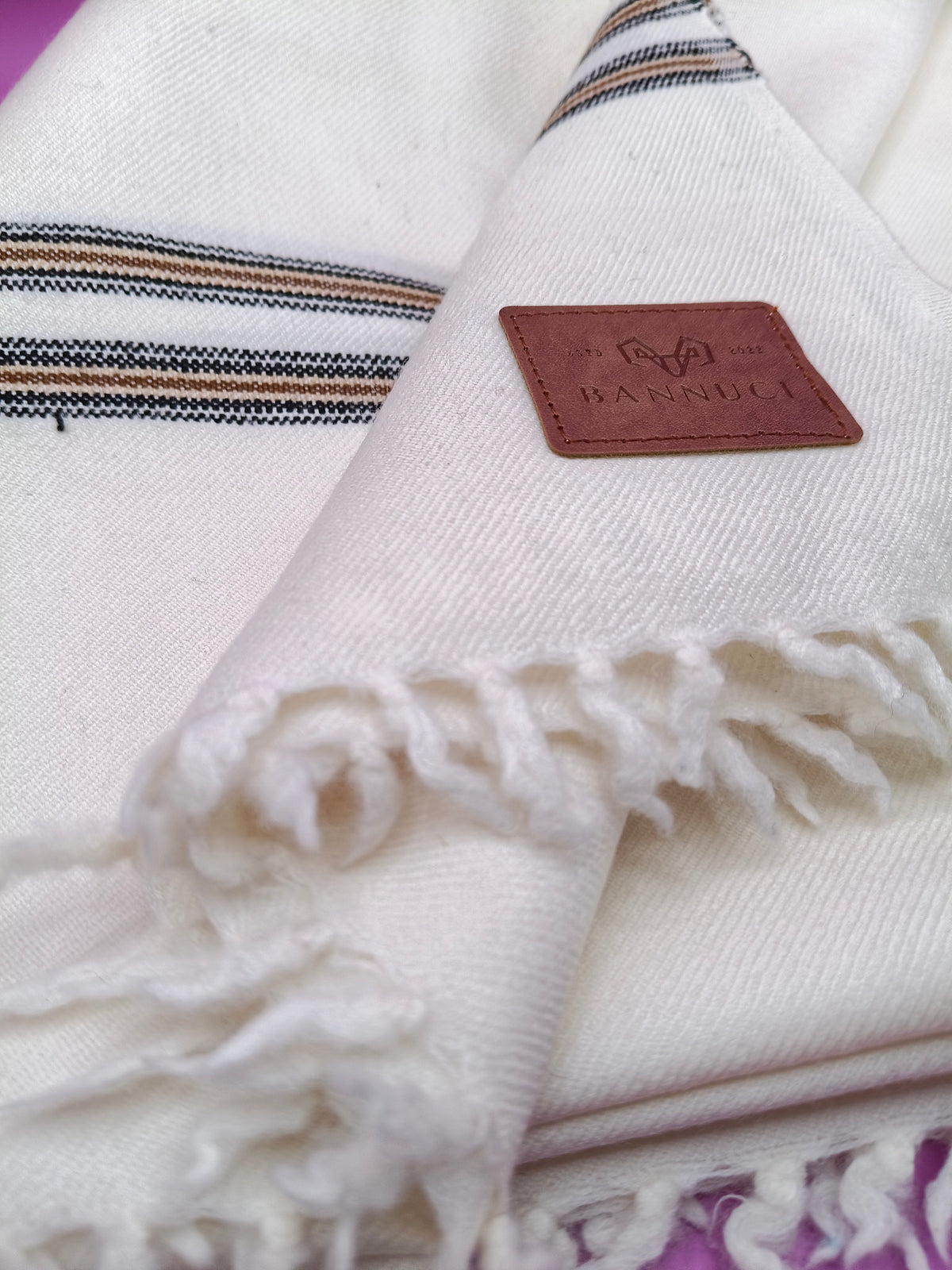 Premium Quality Dual Striped Double Fiber White Woolen Shawl